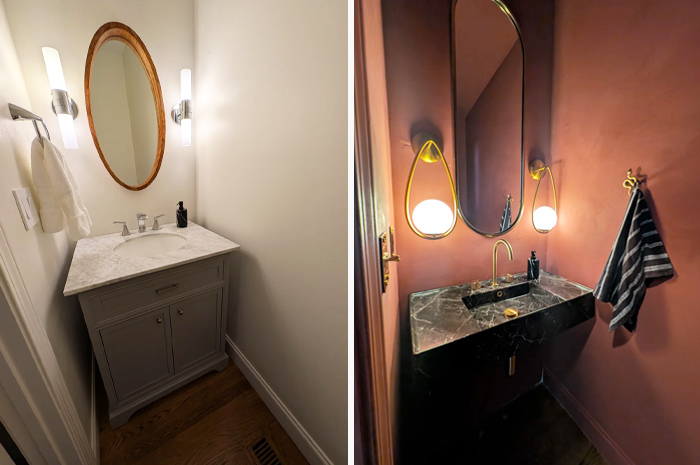 Before and after photos of a living space revamp showing a bathroom transformed with modern fixtures and dark marble countertop.