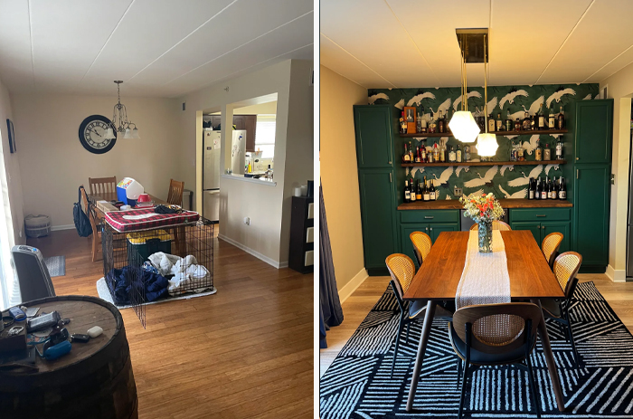 Living space revamped with green cabinetry, patterned wallpaper, elegant lighting, and a modern dining table setup.