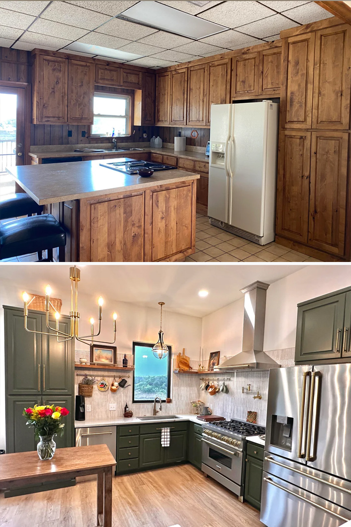 Modern kitchen revamp with green cabinetry, stainless steel appliances, and stylish lighting showcasing a living space transformation.