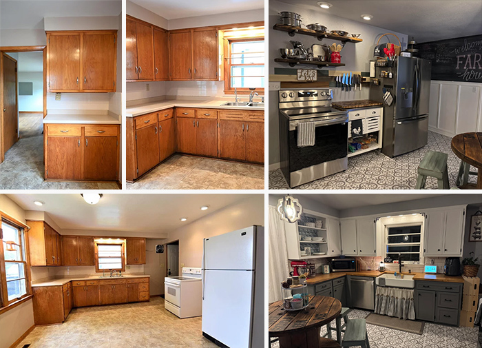Before and after kitchen renovation photos showcasing living space revamped with modern design and updated appliances.