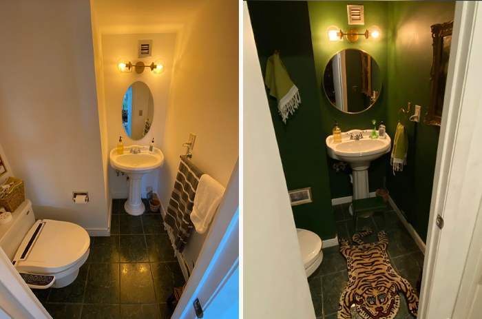 Before and after photos of a living space bathroom revamped with dark walls and tiger rug shared online.