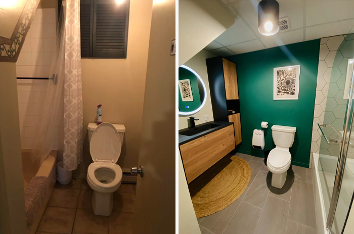 Before and after bathroom living space revamp showing modern design with green accent wall and updated fixtures.