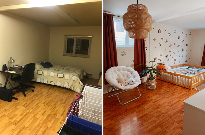 Living space revamped from plain and cluttered to bright, cozy, and decorated with plants and patterned walls.