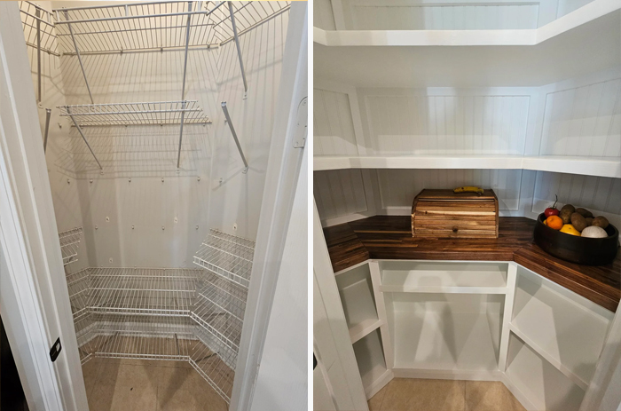 Before and after images of a living space revamped with new shelves and wooden countertops for improved storage and style.
