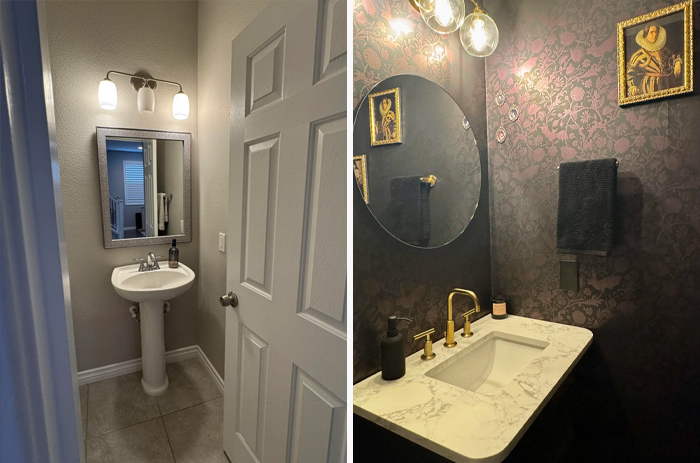 Before and after photos of a bathroom remodel showcasing living space revamp with updated fixtures and decor.