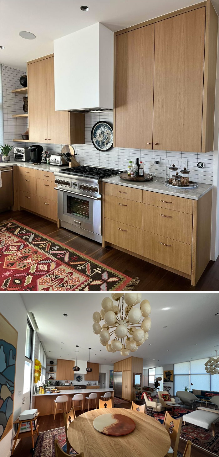 Modern living space revamp featuring a spacious kitchen with wooden cabinets, dining area, and stylish decor elements.