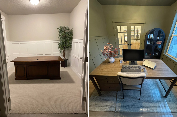 Before and after living space revamp showing a plain room transformed into a stylish and functional home office setup.