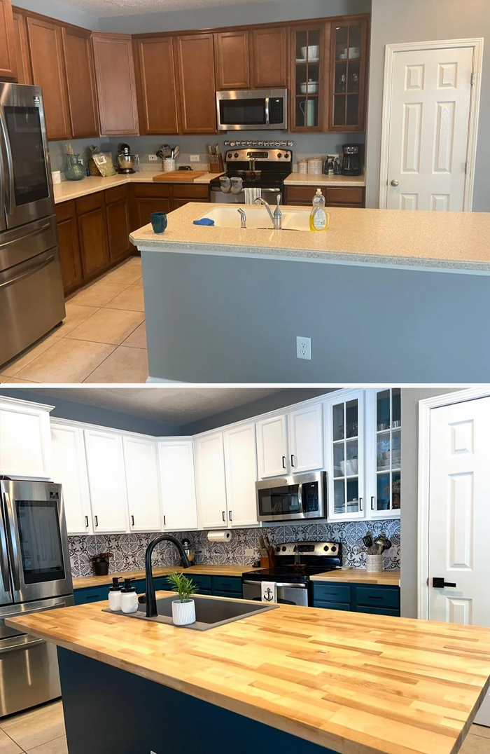 Before and after living space revamp showing modern kitchen with white and blue cabinets and wood countertops.