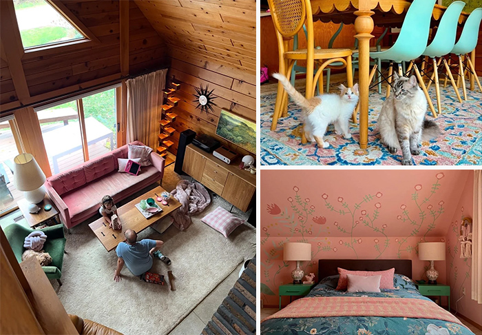 Cozy living space revamp with wooden walls, colorful bedroom, and playful cats on a patterned rug in a modern dining area.