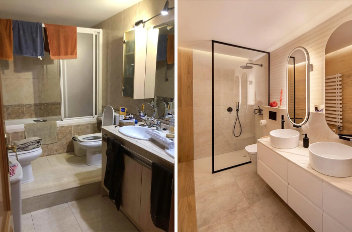 Modern bathroom living space revamped with sleek glass shower, dual sinks, and updated neutral-tone tiles and fixtures.
