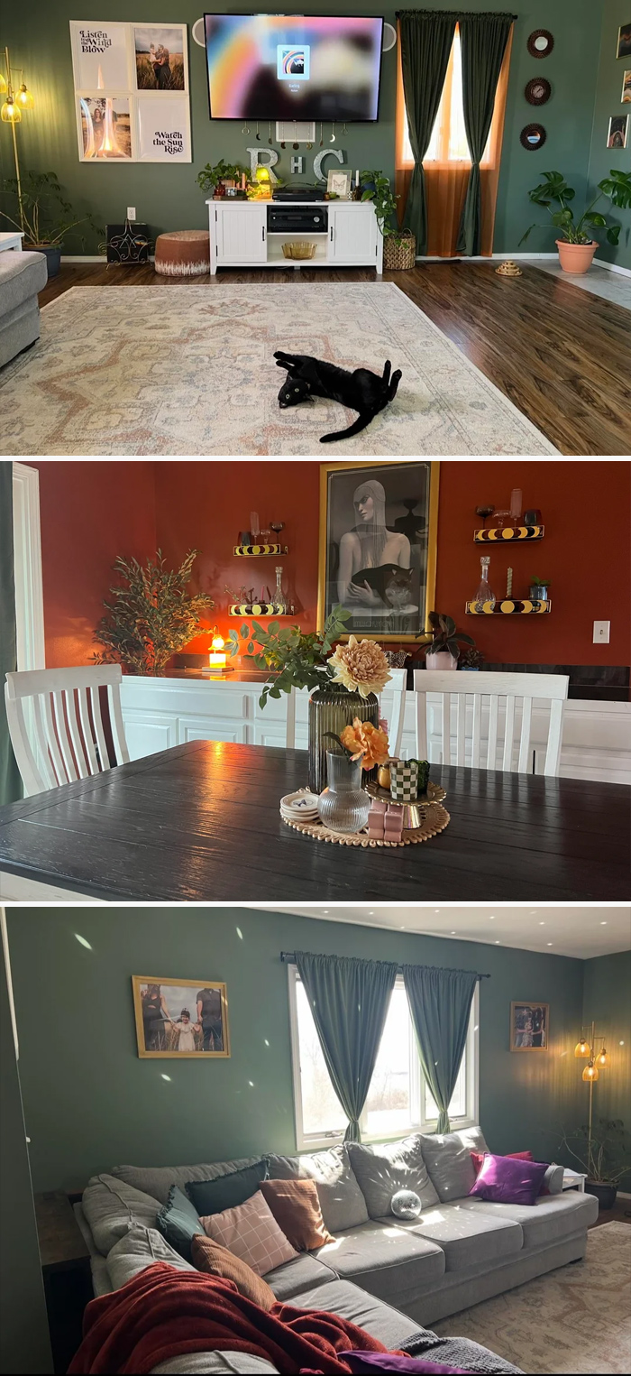 Cozy living space revamp with green walls, modern furniture, warm lighting, and decorative plants shared online.