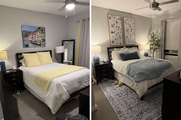 Before and after living space revamp showing bedroom transformation with updated decor and furnishings shared online.