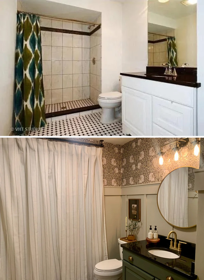 Before and after bathroom renovation showcasing revamped living space with updated fixtures, wallpaper, and modern design elements.