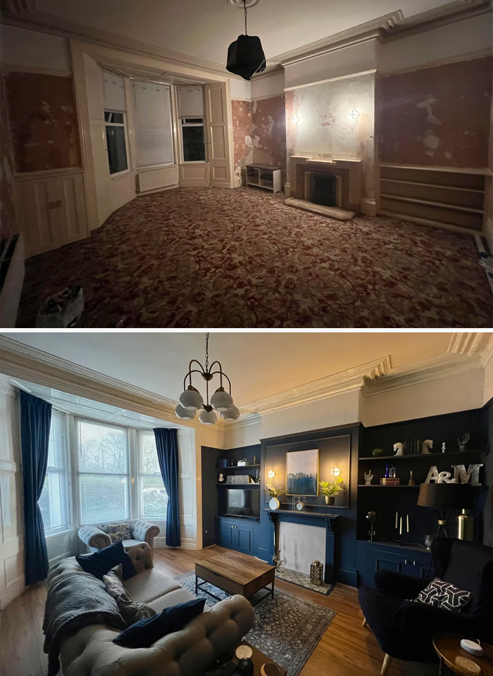 Before and after photos of a living space revamp showing a drastic transformation with furniture and decor added.