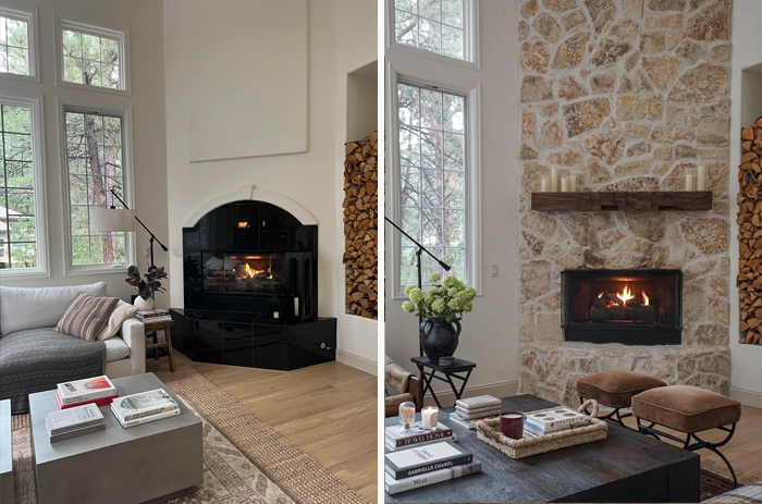 Cozy living room transformations featuring modern and rustic fireplace designs in revamped living spaces shared online.