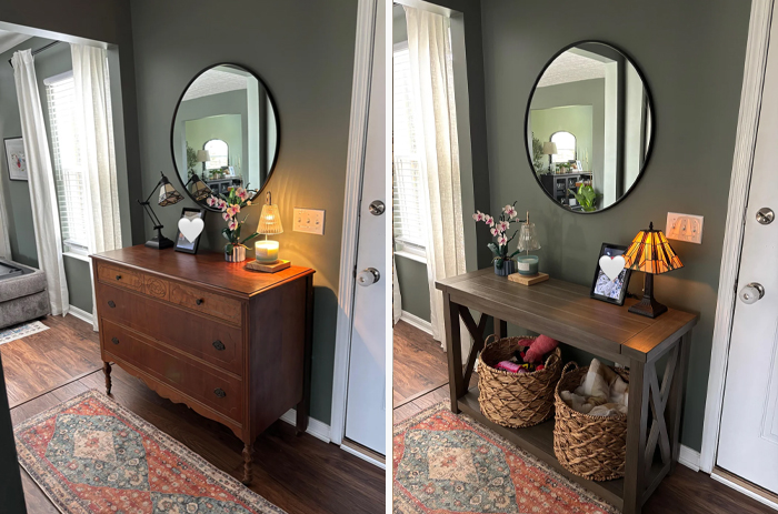 Before and after living space revamp showing upgraded furniture, décor, and lighting in a cozy entryway corner.