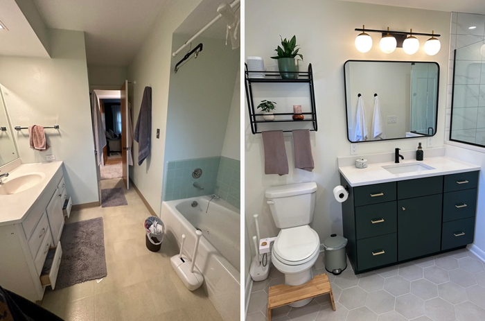 Bathroom living space revamped with modern vanity, black fixtures, hex tile flooring, and updated lighting for a fresh look.