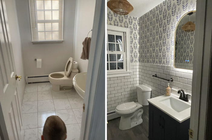 Before and after photos of a bathroom living space revamped with modern tiles, wallpaper, and updated fixtures shared online.