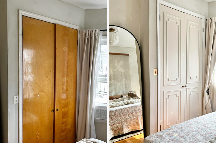 Before and after images of a living space remodel showing revamped closet doors and bedroom decor improvements.