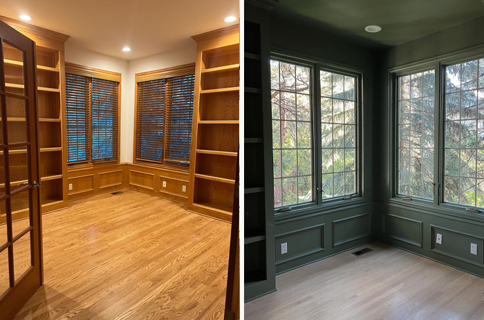 Living space revamped with new green walls, large windows, and updated flooring creating a fresh, modern atmosphere.