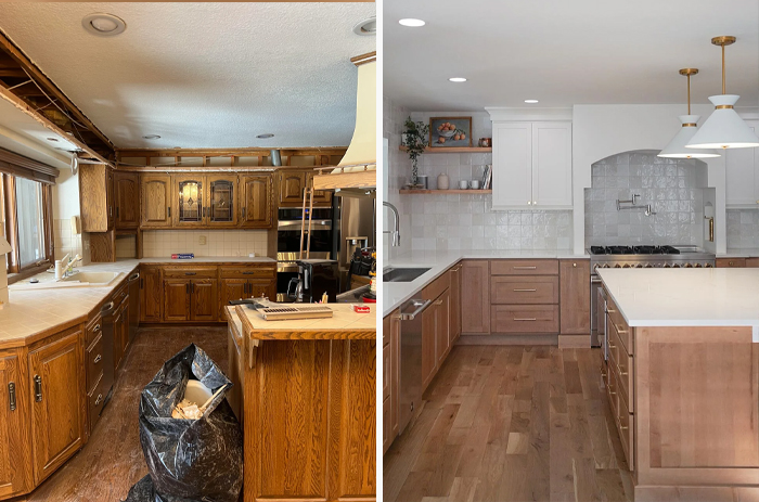 Before and after kitchen renovation showing a modern living space revamp with updated cabinets and lighting fixtures.