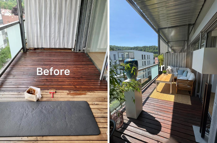 Balcony living space revamped with new furniture, plants, and decor, enhancing comfort and style in outdoor area.