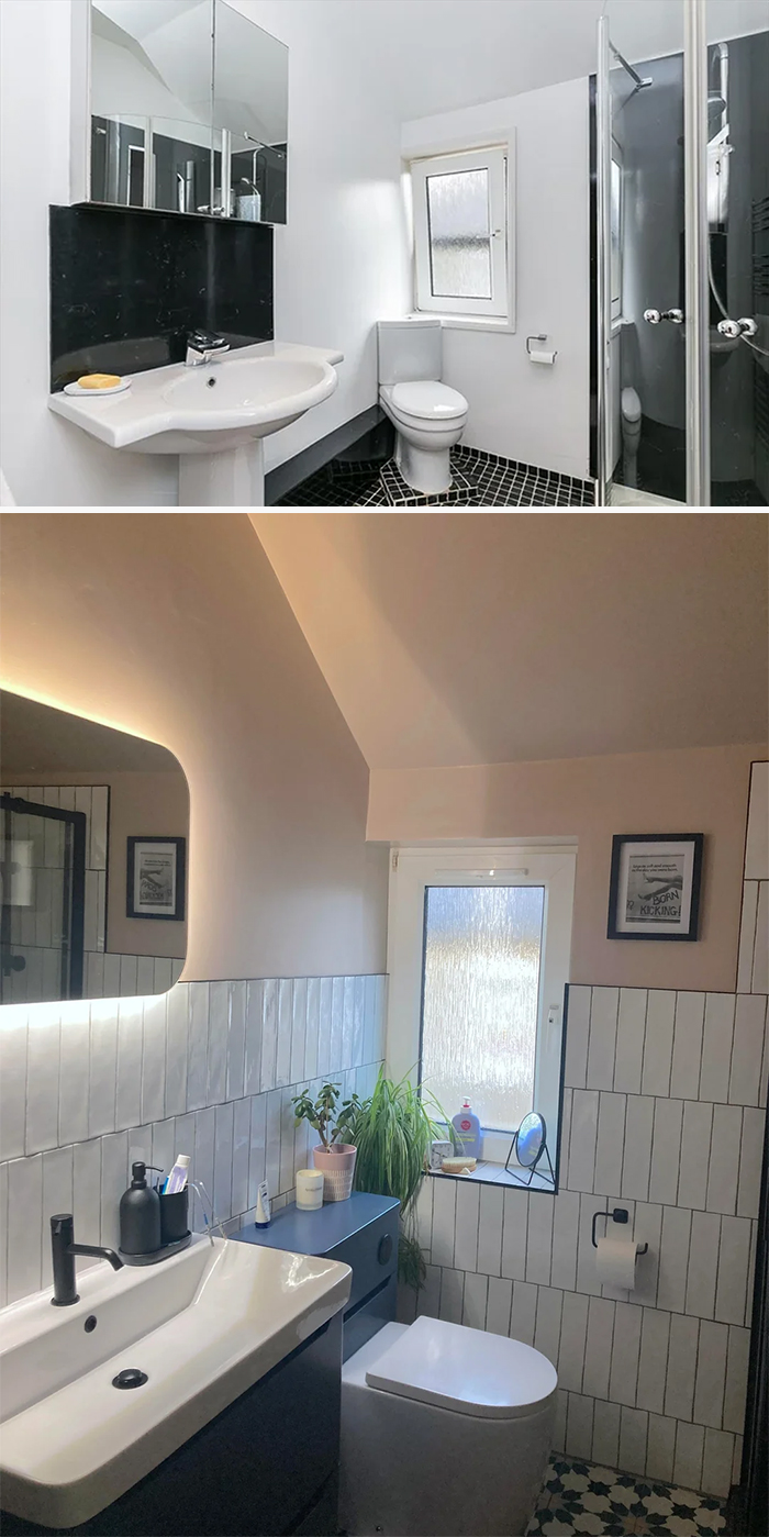Modern bathroom living space revamp featuring updated sink, toilet, lighting, and decorative plants for a fresh look.