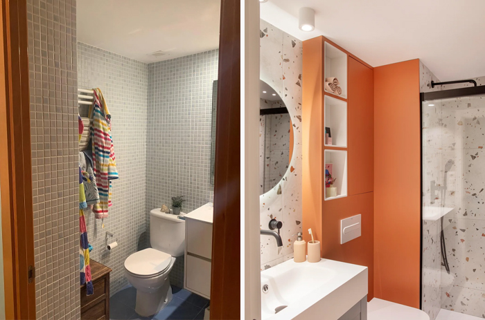 Before and after photos of a living space renovated bathroom showcasing a vibrant and modern design revamp.