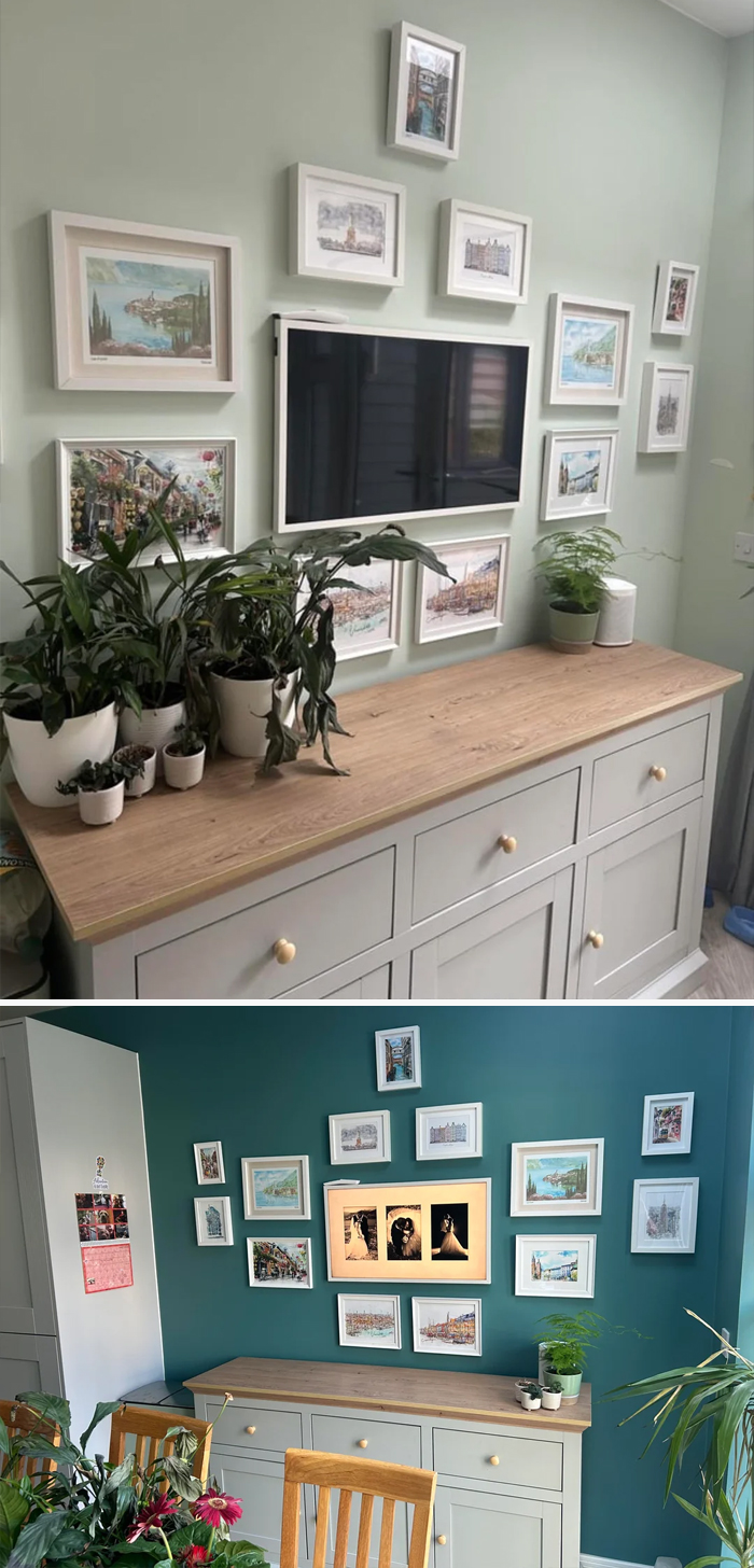 Living space revamped with framed artwork gallery wall above a wooden cabinet and indoor plants in a cozy room setting.