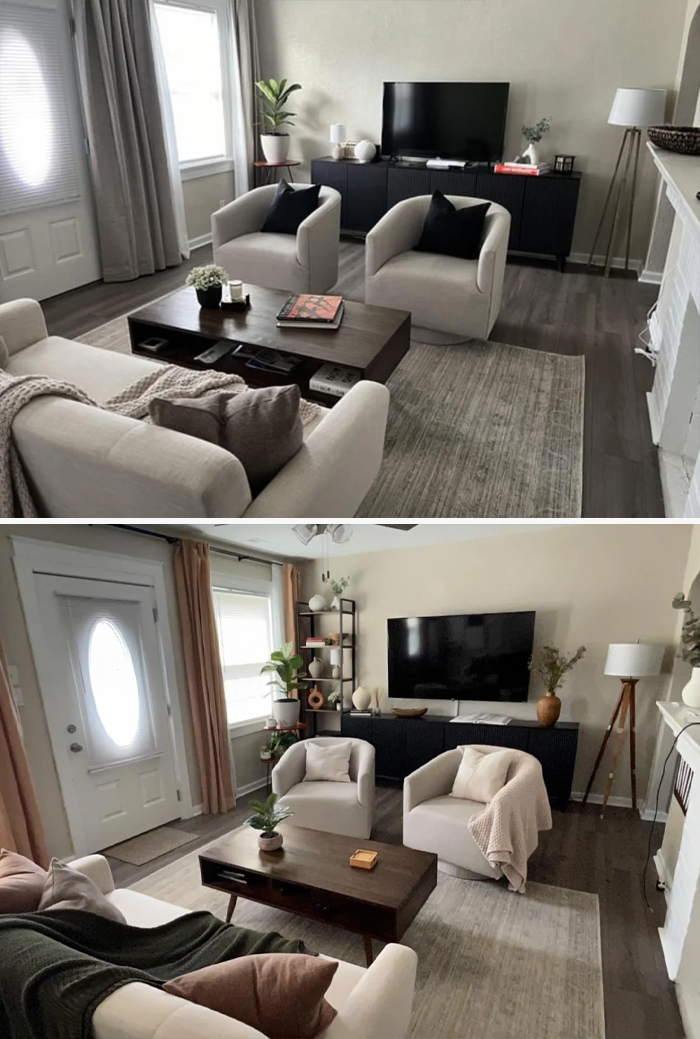 Living room revamped with modern furniture, neutral tones, and stylish decor creating a cozy and inviting living space.