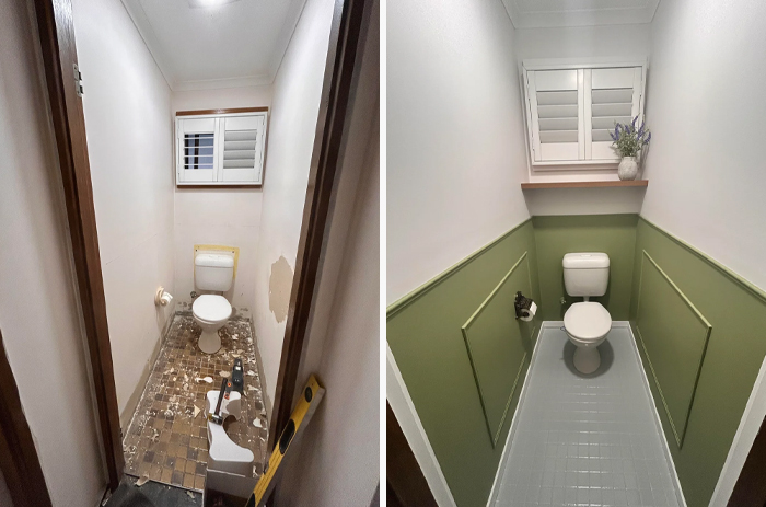 Small bathroom before and after living space revamp with fresh green paneling and updated flooring transformation.