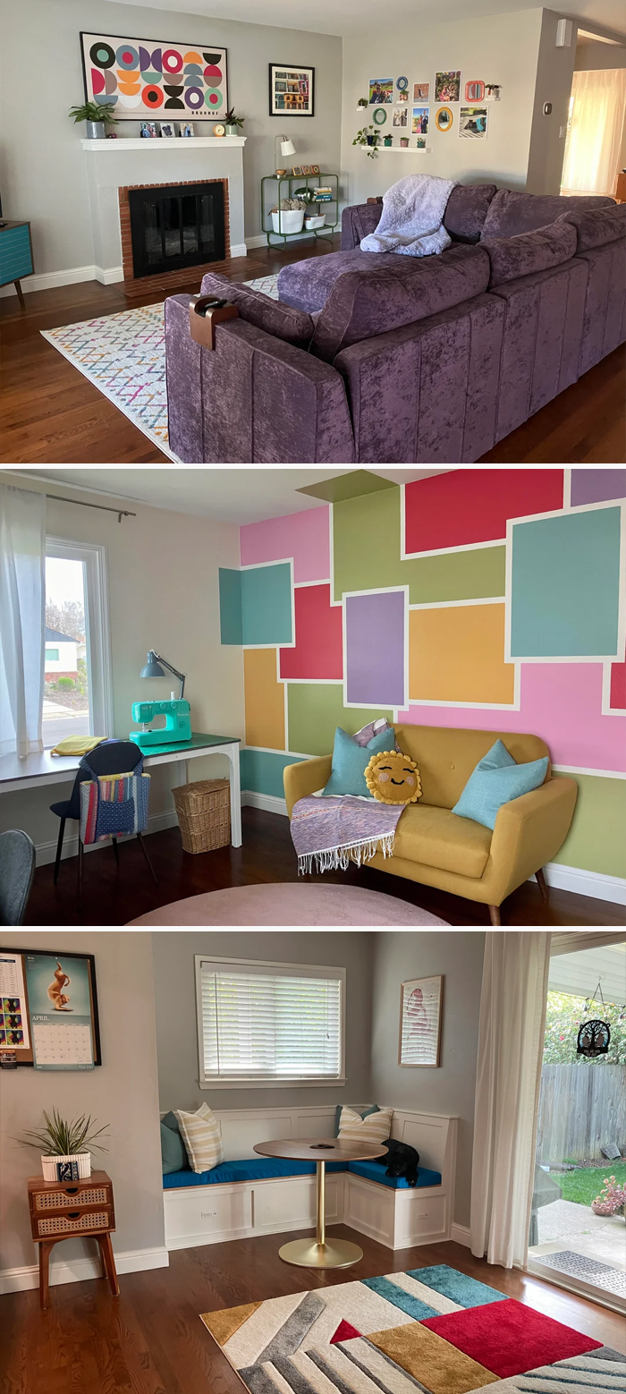 Three different living space revamps showcasing colorful furniture, unique wall art, and cozy seating areas with modern decor.