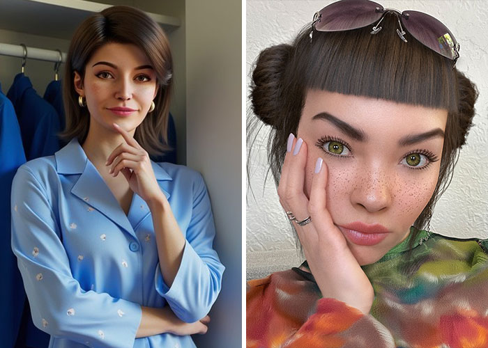 Two young women, one in a blue blouse posing thoughtfully, the other with sunglasses on head, representing athlete and fake influencer.