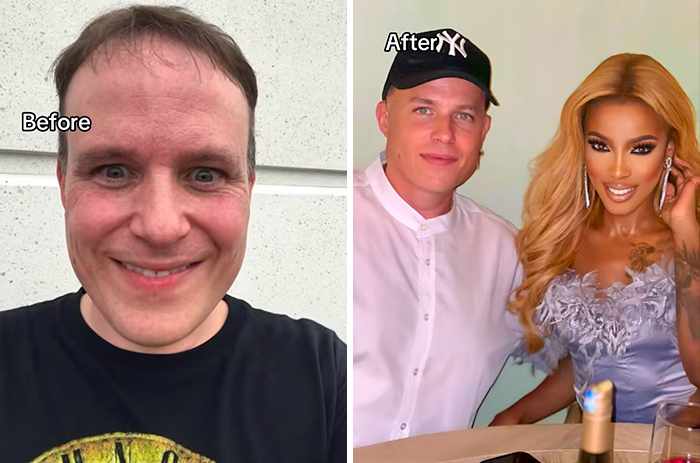 Before and after photos of a man who married a Black woman, showing transformation and happiness together.