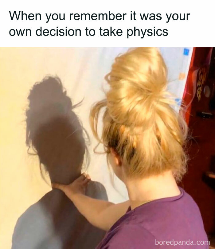 Person pushing shadow on wall with text about remembering decision to take physics, funny memes explaining science concept.