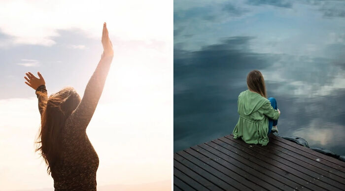 Two women in contrasting moods, one joyful with arms raised, the other sitting alone by water, for a would you rather poll.