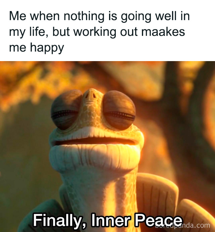 Meme showing a content chameleon with text about finding happiness and inner peace through working out at the gym.