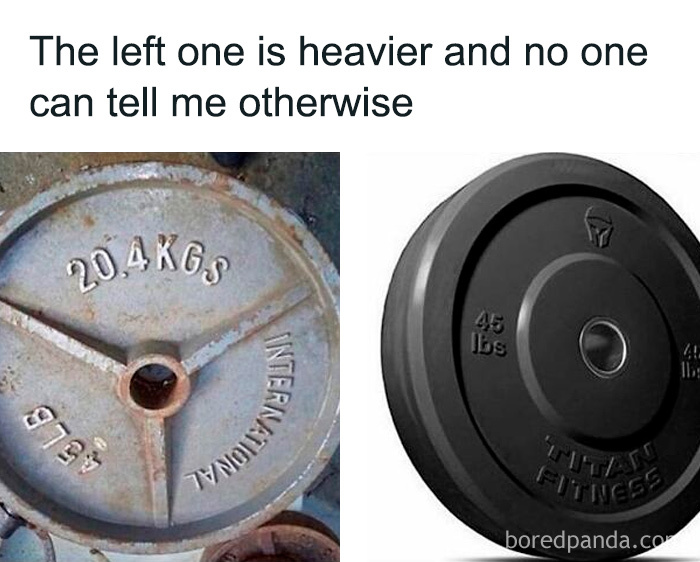Comparison of two gym weight plates, highlighting humor in gym life for fitness enthusiasts and gym meme fans.