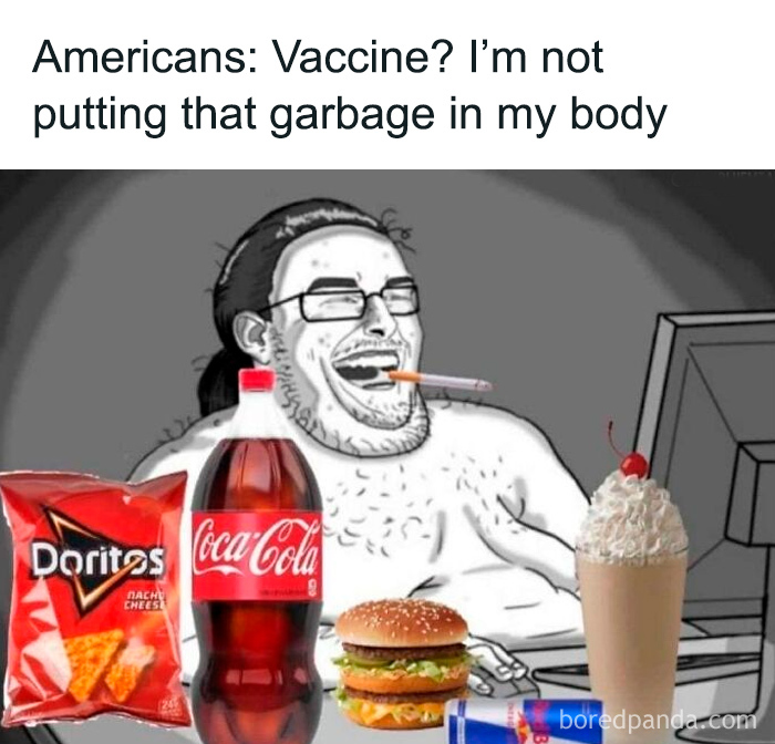 Man laughing at computer with cigarette, surrounded by junk food, illustrating medical memes about healthcare costs.