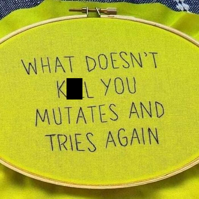 Embroidery hoop with humorous medical meme saying mutation happens when it doesn't k**l you, related to medical memes.