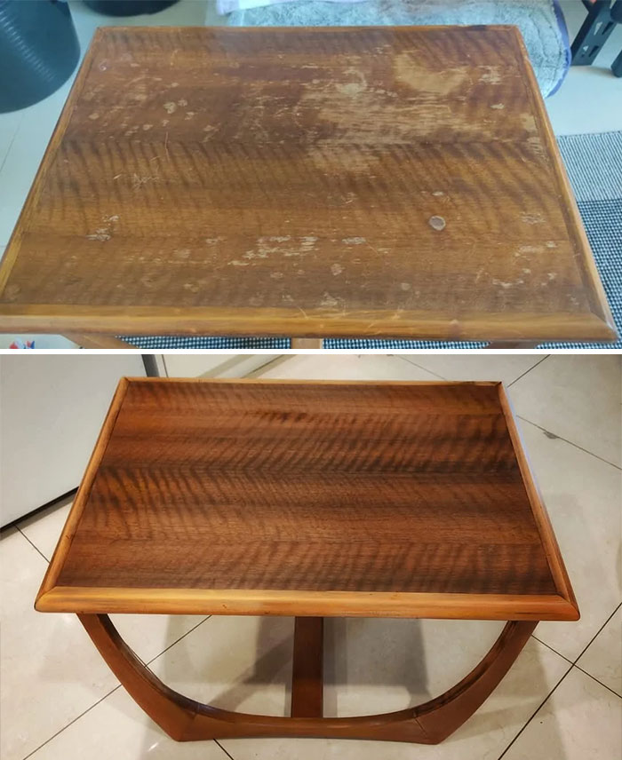 Before and after image of furniture flipping pro restoring a wooden table to a polished and smooth finish.