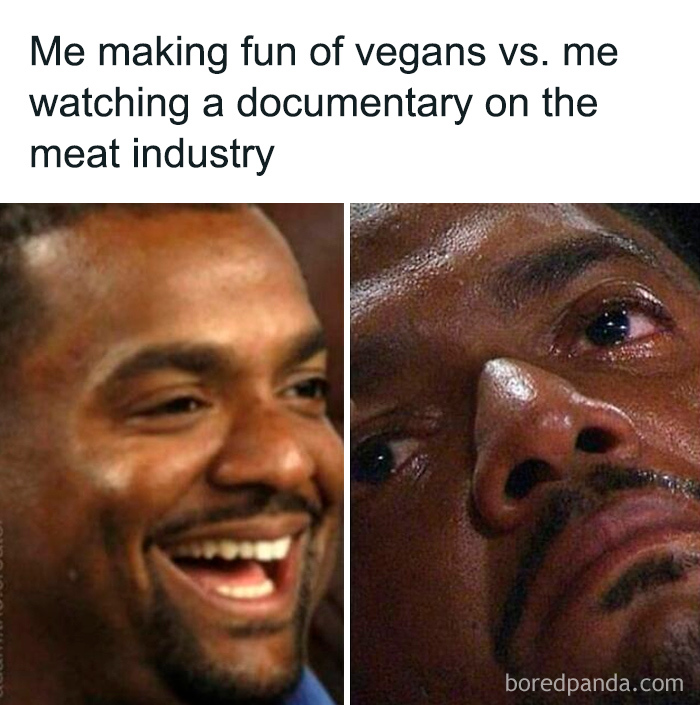 Side-by-side images of a man laughing and then looking emotional, illustrating relatable chef memes humor.
