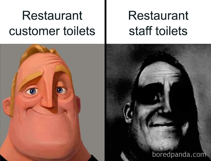 Comparison meme showing bright, happy character labeled restaurant customer toilets and dark, stressed character labeled restaurant staff toilets, chef humor.