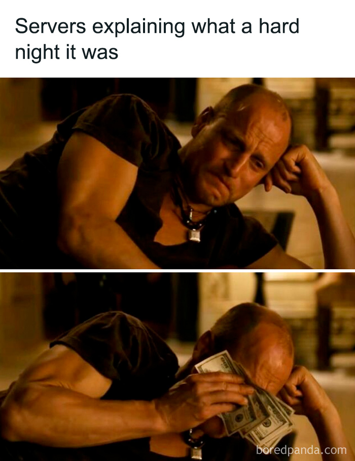 Man looking tired and wiping face with money, illustrating relatable chef memes about hard nights in the kitchen.