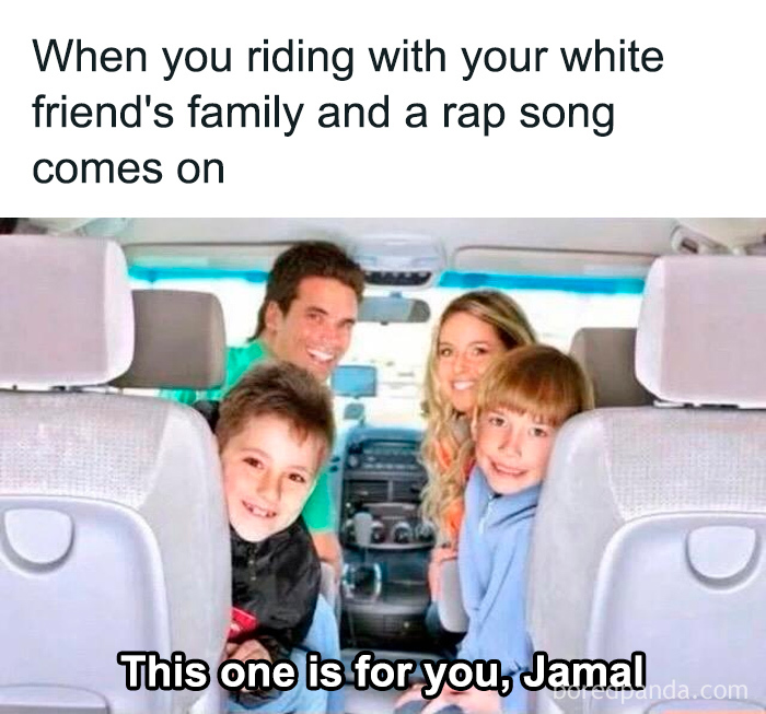 Family awkwardly reacts in a car when a rap song plays, a weird and unhinged type of humor meme.