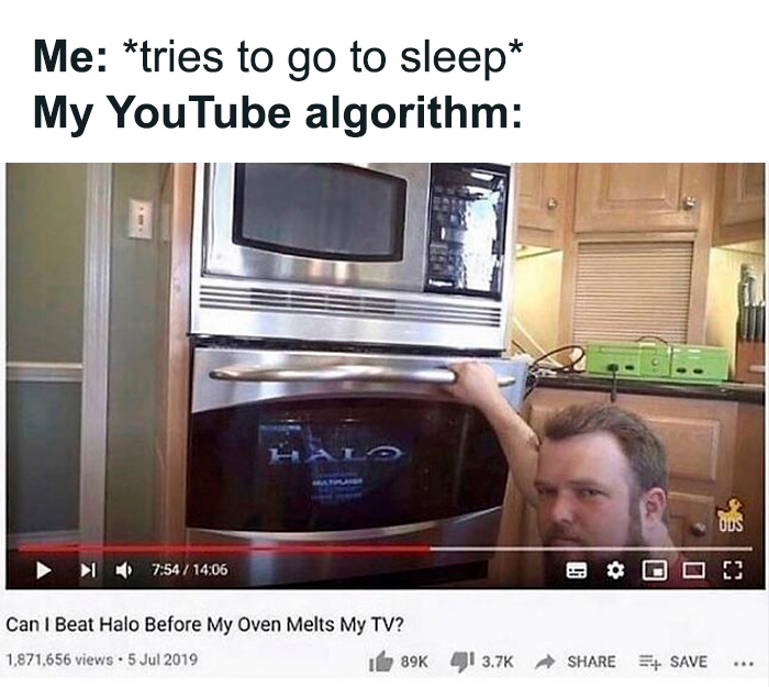 Man hiding behind an oven showing weird and unhinged humor meme about YouTube algorithm and sleep struggles.