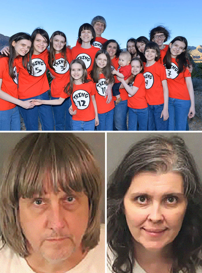 Large family wearing matching red shirts smiling outdoors, accompanied by two separate mugshots revealing horrifying backstories. - 12