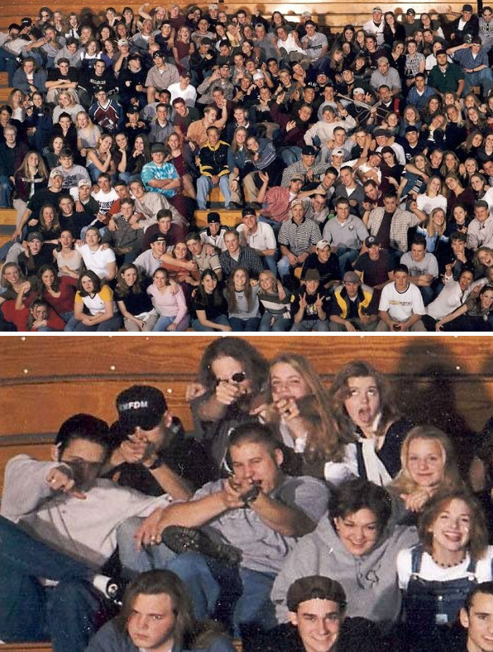 Large group of people gathered in bleachers, with some pointing fingers like guns, capturing a terrifying and horrific backstory moment. - 26