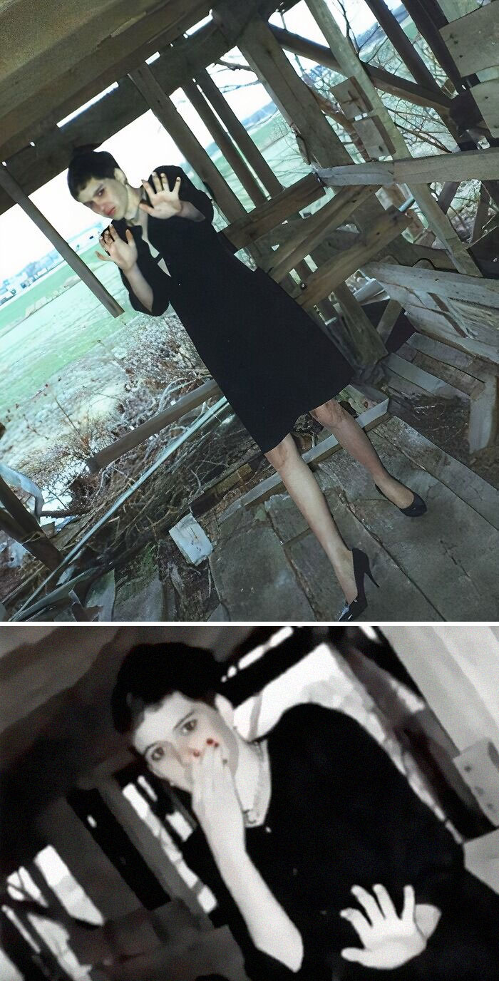 Creepy photos of a woman in black dress in abandoned wooden structure, capturing terrifying and horrific backstories. - 9