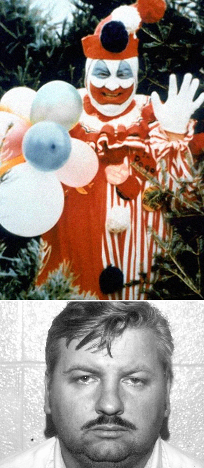 Man dressed as a clown holding balloons above a black-and-white mugshot of a serious man with mustache, terrifying backstories. - 37